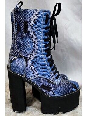 Dolls Kill Postergirl Blue Snakeskin Python Platform Boots Lace Up Heels Ankle